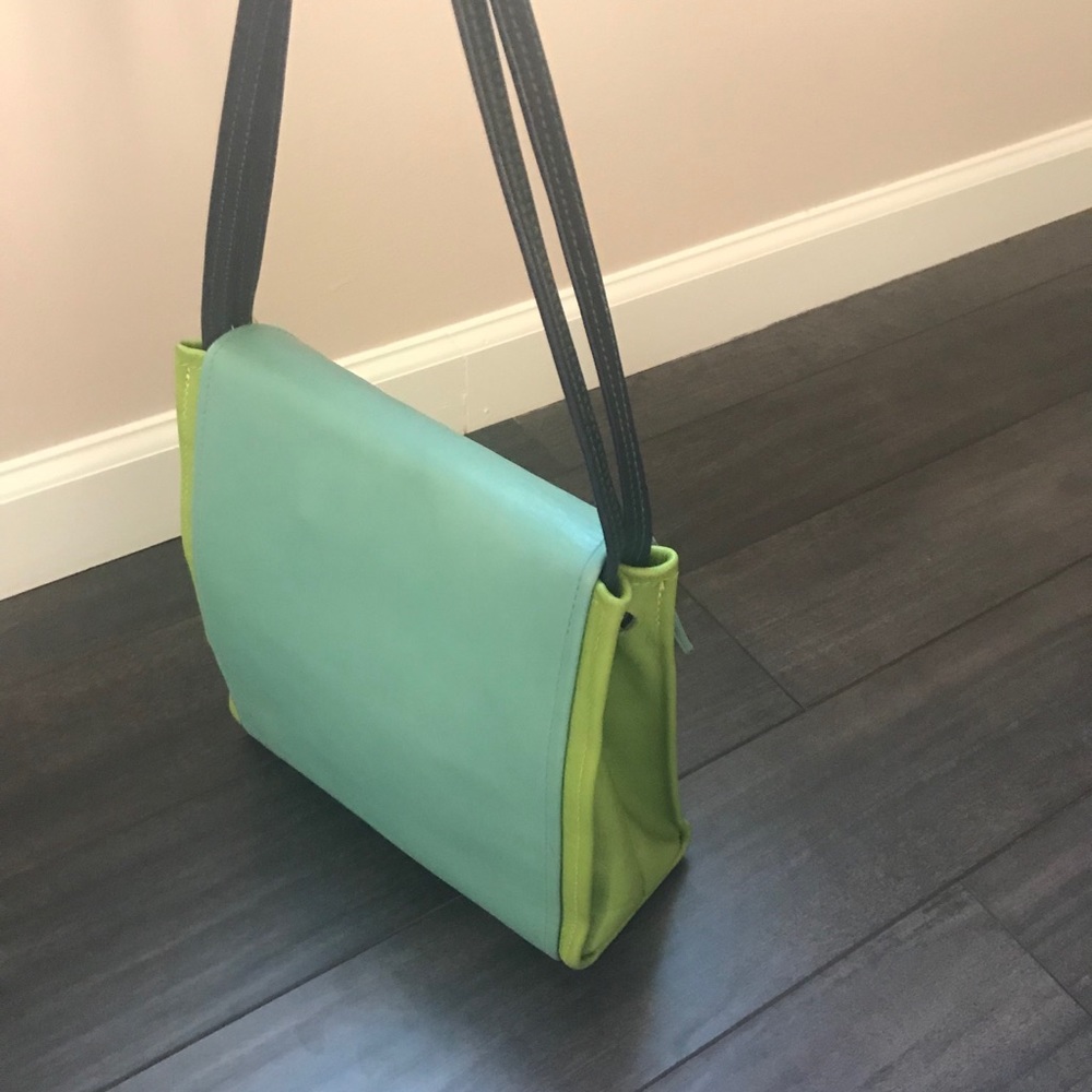 SOLD!! Hans Koch Ltd Soho NY leather bag 1 of a kind lime green blue rare VINT… - Picture 4 of 16